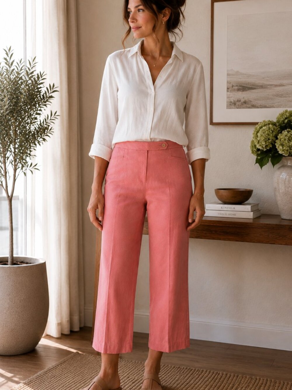 Anne Klein Pink Linen Blend Crop Pants Women's 8 Wide Leg Cropped Career Casual